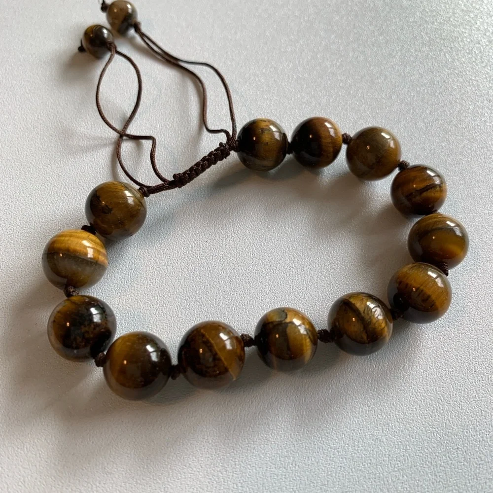 Large Tigers Eye Stone Brown Beaded Bracelet Adjustable